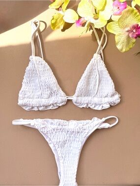 PrettyLittleThing White Smocked Ruffle Triangle Bikini